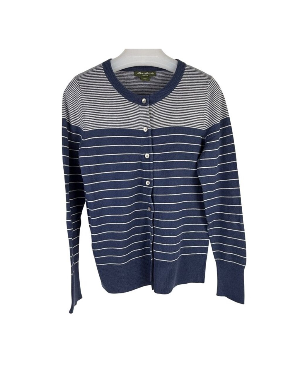 Eddie Bauer Women's Blue & White Striped Cardigan Sweater Crew-Neck Size M